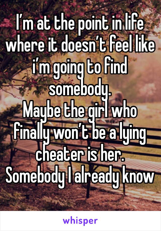 I’m at the point in life where it doesn’t feel like i’m going to find somebody.
Maybe the girl who finally won’t be a lying cheater is her.
Somebody I already know 