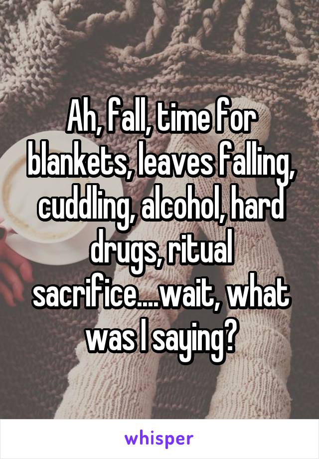 Ah, fall, time for blankets, leaves falling, cuddling, alcohol, hard drugs, ritual sacrifice....wait, what was I saying?