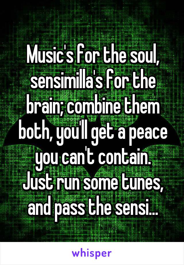 Music's for the soul, sensimilla's for the brain; combine them both, you'll get a peace you can't contain.
Just run some tunes, and pass the sensi...