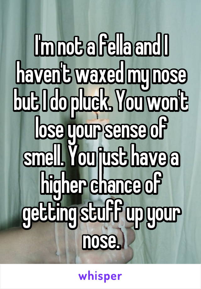 I'm not a fella and I haven't waxed my nose but I do pluck. You won't lose your sense of smell. You just have a higher chance of getting stuff up your nose.