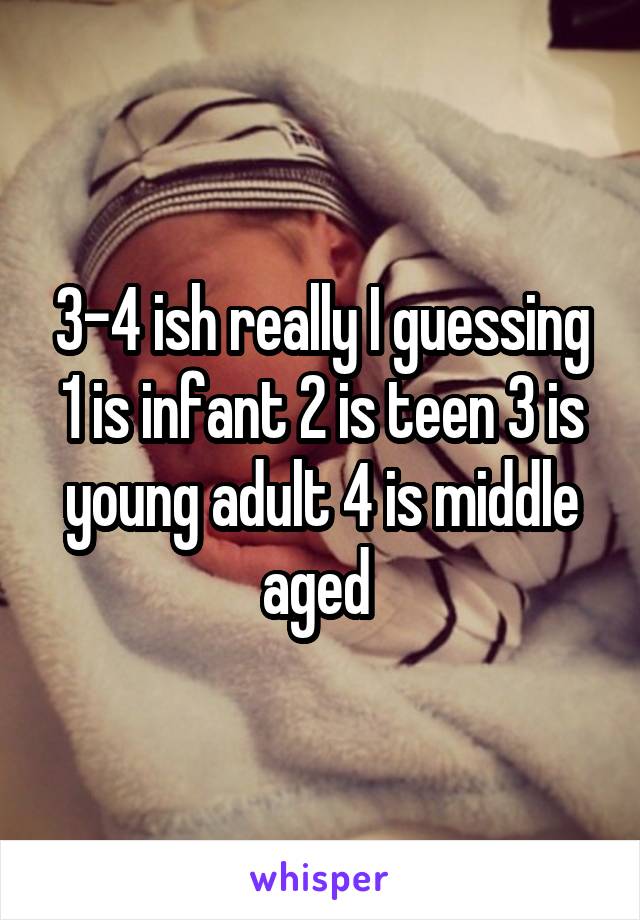 3-4 ish really I guessing 1 is infant 2 is teen 3 is young adult 4 is middle aged 