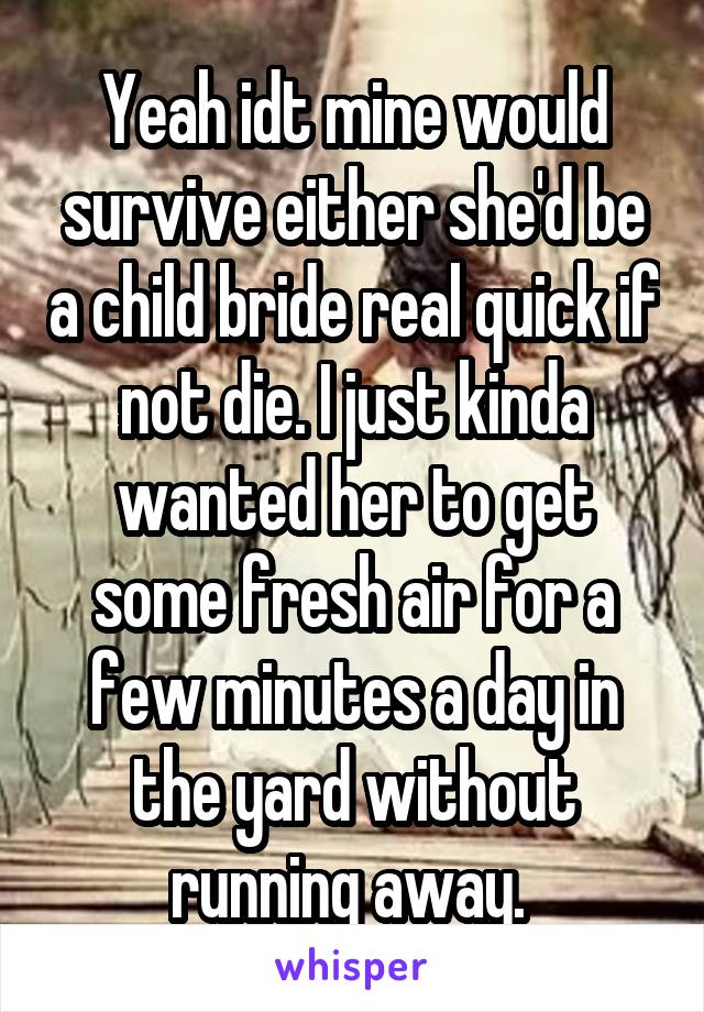 Yeah idt mine would survive either she'd be a child bride real quick if not die. I just kinda wanted her to get some fresh air for a few minutes a day in the yard without running away. 