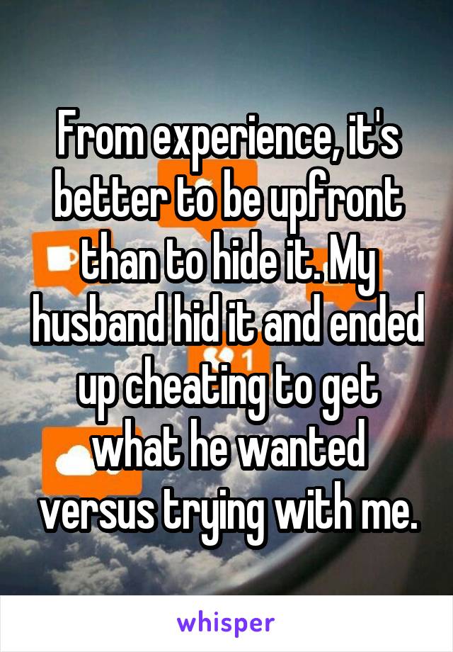 From experience, it's better to be upfront than to hide it. My husband hid it and ended up cheating to get what he wanted versus trying with me.