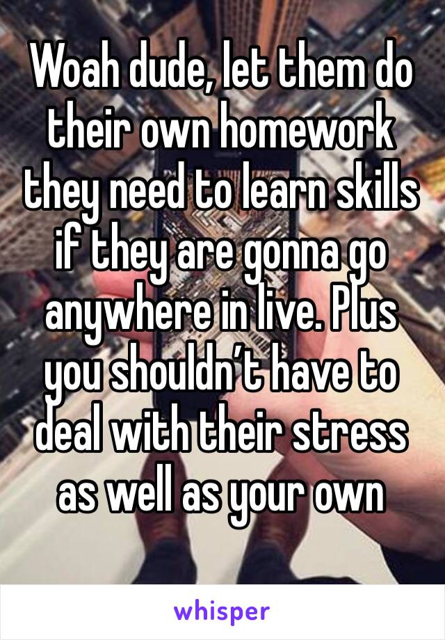 Woah dude, let them do their own homework they need to learn skills if they are gonna go anywhere in live. Plus you shouldn’t have to deal with their stress as well as your own