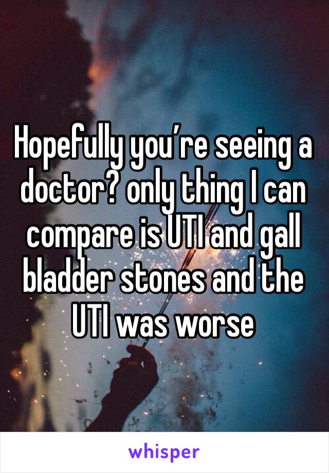 Hopefully you’re seeing a doctor? only thing I can compare is UTI and gall bladder stones and the UTI was worse