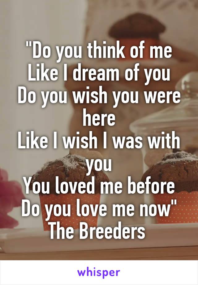 "Do you think of me
Like I dream of you
Do you wish you were here
Like I wish I was with you
You loved me before
Do you love me now"
The Breeders 