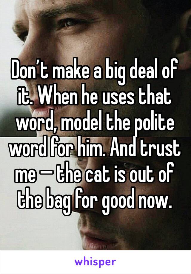 Don’t make a big deal of it. When he uses that word, model the polite word for him. And trust me — the cat is out of the bag for good now. 