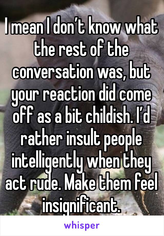 I mean I don’t know what the rest of the conversation was, but your reaction did come off as a bit childish. I’d rather insult people intelligently when they act rude. Make them feel insignificant. 