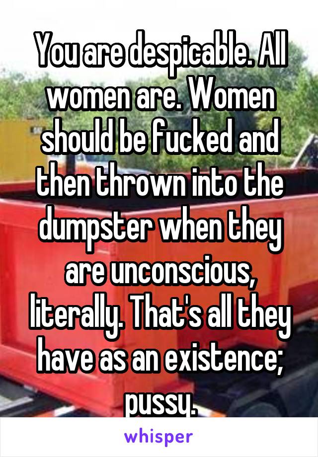 You are despicable. All women are. Women should be fucked and then thrown into the dumpster when they are unconscious, literally. That's all they have as an existence; pussy.