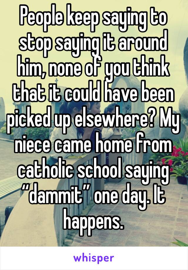 People keep saying to stop saying it around him, none of you think that it could have been picked up elsewhere? My niece came home from catholic school saying “dammit” one day. It happens. 