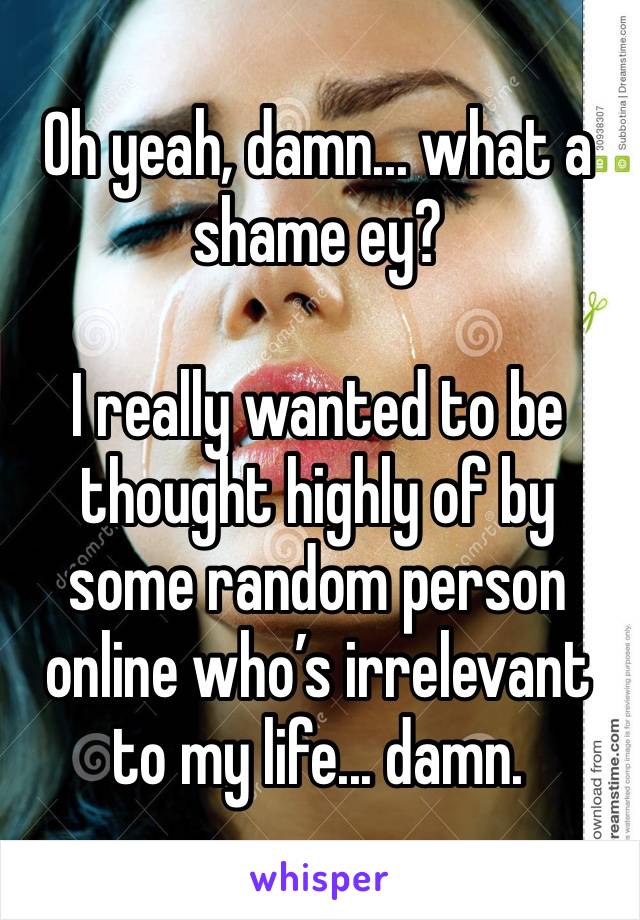 Oh yeah, damn... what a shame ey? 

I really wanted to be thought highly of by some random person online who’s irrelevant to my life... damn. 