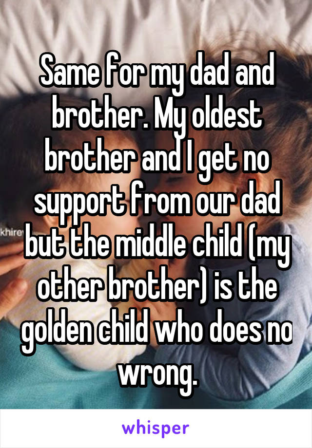 Same for my dad and brother. My oldest brother and I get no support from our dad but the middle child (my other brother) is the golden child who does no wrong.