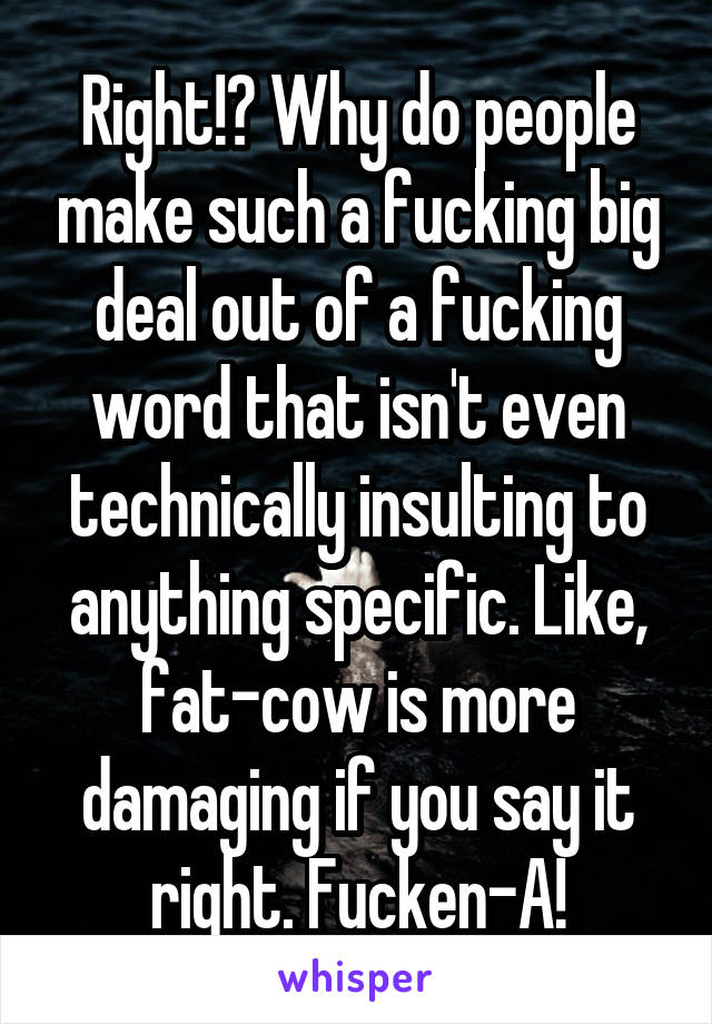 Right!? Why do people make such a fucking big deal out of a fucking word that isn't even technically insulting to anything specific. Like, fat-cow is more damaging if you say it right. Fucken-A!