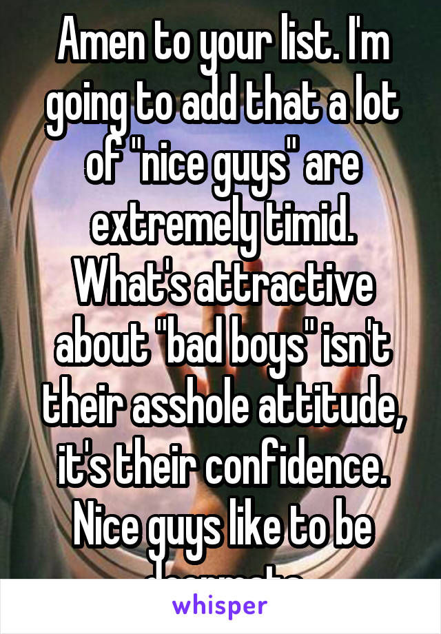 Amen to your list. I'm going to add that a lot of "nice guys" are extremely timid. What's attractive about "bad boys" isn't their asshole attitude, it's their confidence. Nice guys like to be doormats