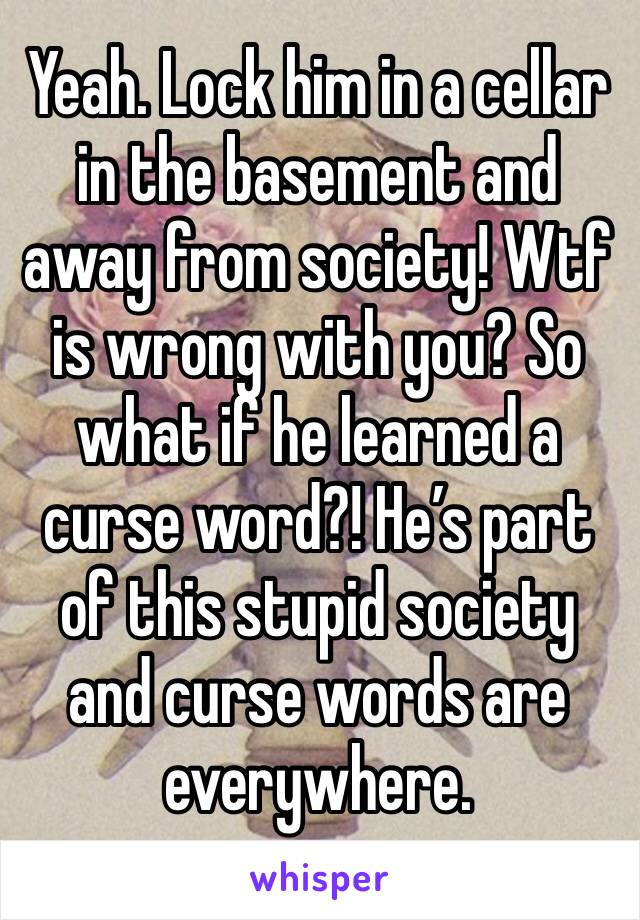 Yeah. Lock him in a cellar in the basement and away from society! Wtf is wrong with you? So what if he learned a curse word?! He’s part of this stupid society and curse words are everywhere. 