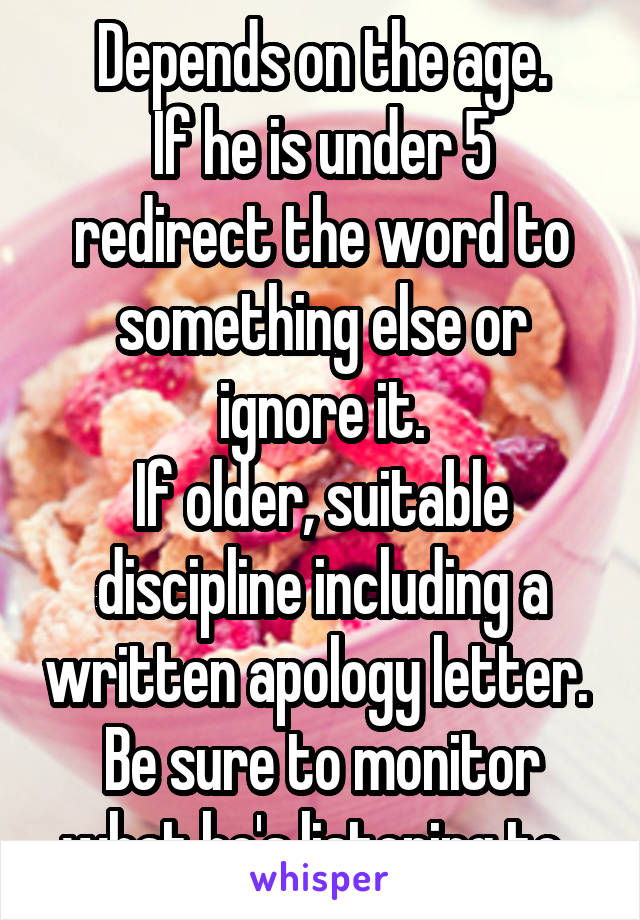 Depends on the age.
If he is under 5 redirect the word to something else or ignore it.
If older, suitable discipline including a written apology letter. 
Be sure to monitor what he's listening to. 