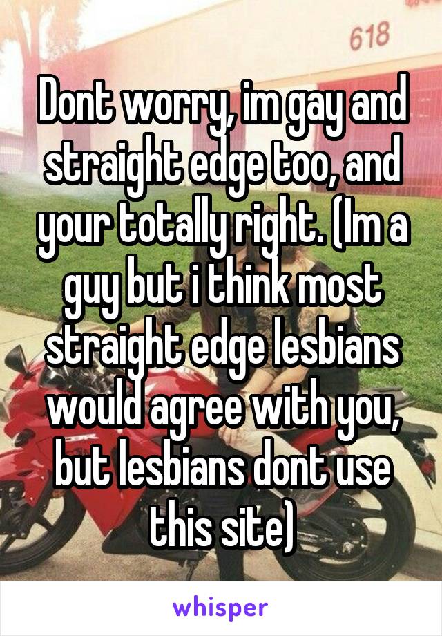 Dont worry, im gay and straight edge too, and your totally right. (Im a guy but i think most straight edge lesbians would agree with you, but lesbians dont use this site)