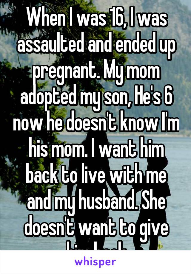 When I was 16, I was assaulted and ended up pregnant. My mom adopted my son, He's 6 now he doesn't know I'm his mom. I want him back to live with me and my husband. She doesn't want to give him back