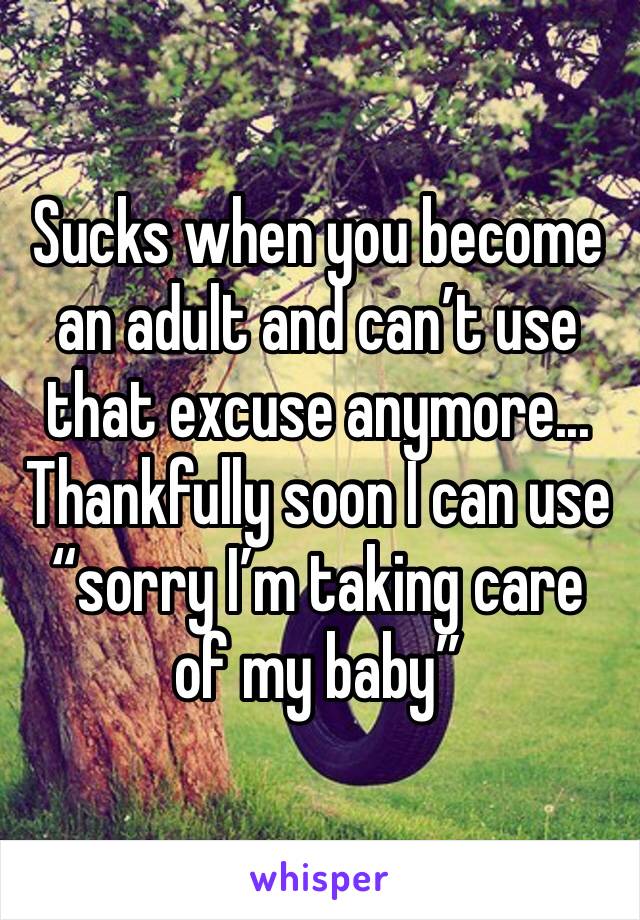 Sucks when you become an adult and can’t use that excuse anymore...
Thankfully soon I can use “sorry I’m taking care of my baby” 