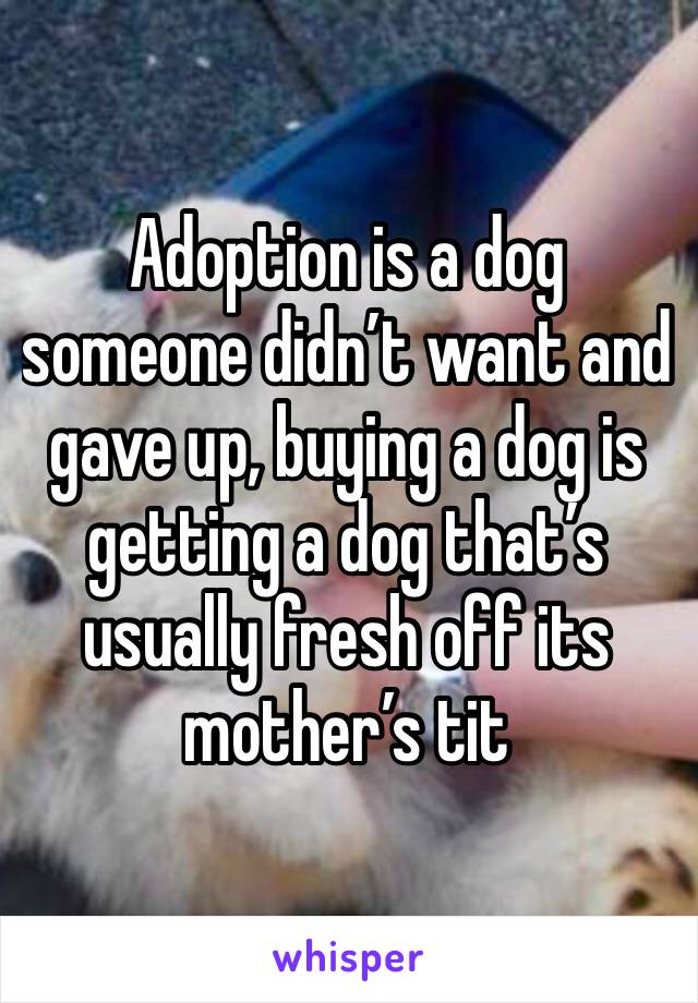 Adoption is a dog someone didn’t want and gave up, buying a dog is getting a dog that’s usually fresh off its mother’s tit