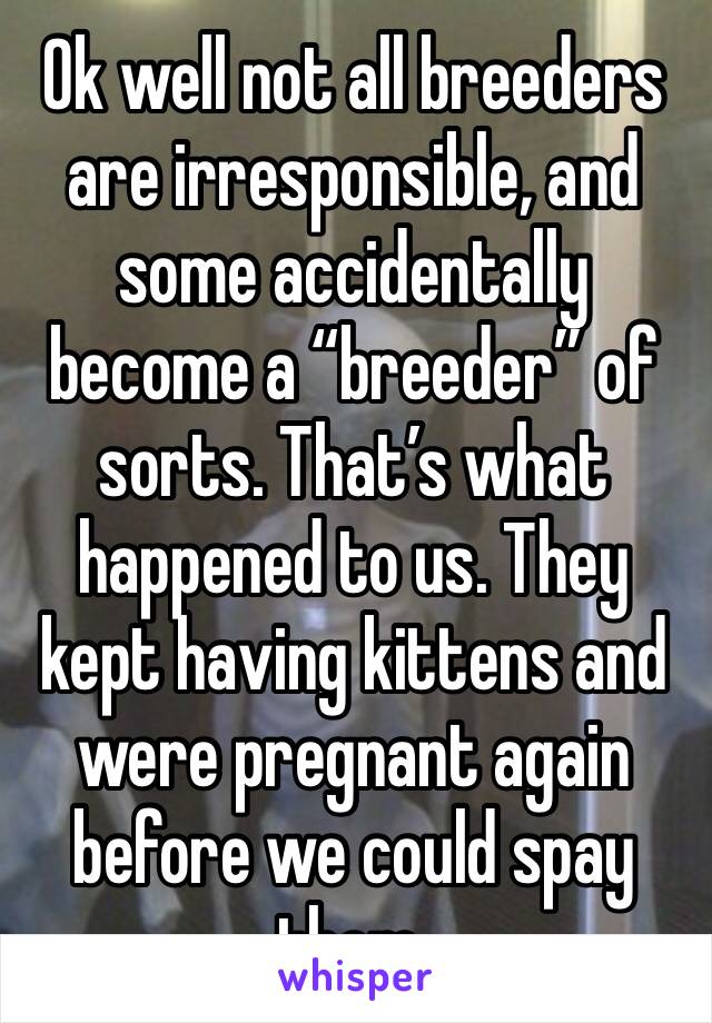 Ok well not all breeders are irresponsible, and some accidentally become a “breeder” of sorts. That’s what happened to us. They kept having kittens and were pregnant again before we could spay them. 