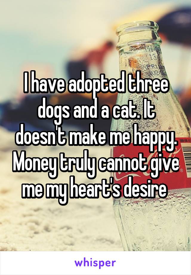 I have adopted three dogs and a cat. It doesn't make me happy. Money truly cannot give me my heart's desire 