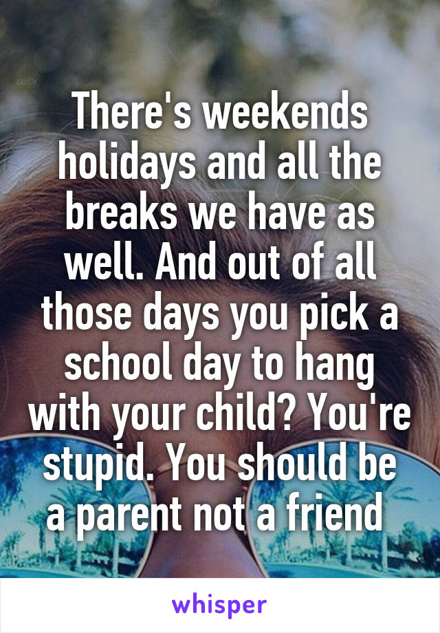 There's weekends holidays and all the breaks we have as well. And out of all those days you pick a school day to hang with your child? You're stupid. You should be a parent not a friend 