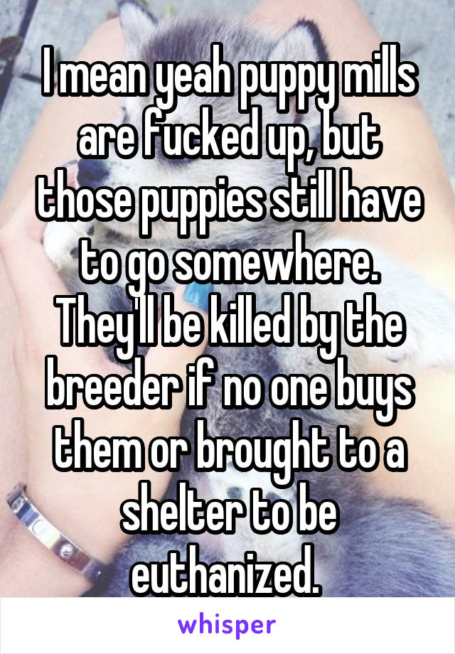 I mean yeah puppy mills are fucked up, but those puppies still have to go somewhere. They'll be killed by the breeder if no one buys them or brought to a shelter to be euthanized. 