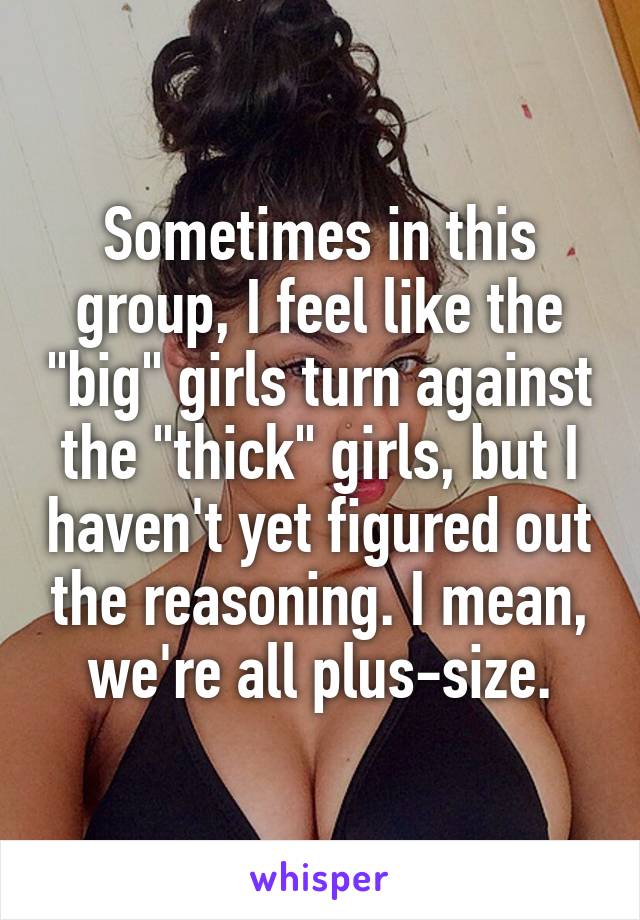 Sometimes in this group, I feel like the "big" girls turn against the "thick" girls, but I haven't yet figured out the reasoning. I mean, we're all plus-size.