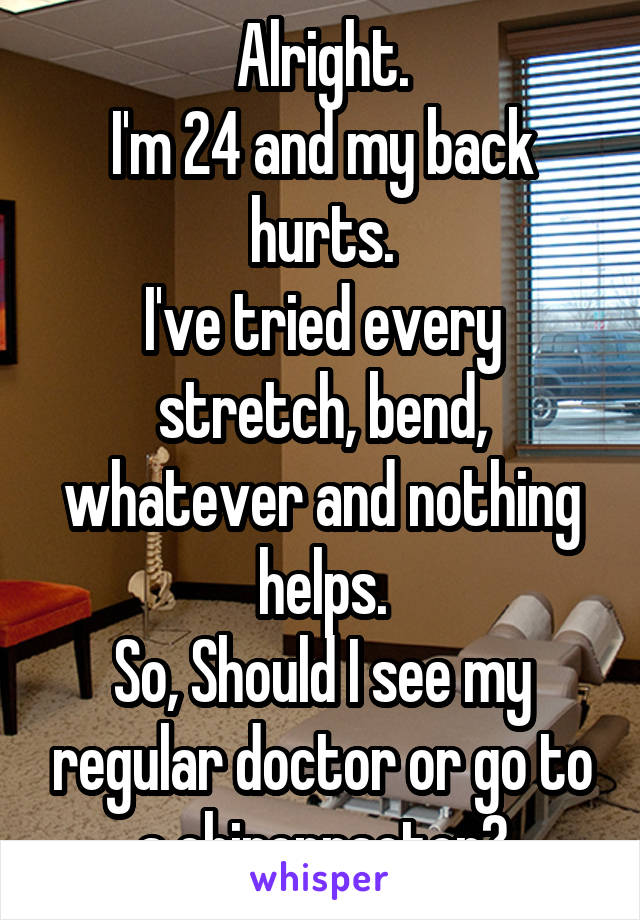 Alright.
I'm 24 and my back hurts.
I've tried every stretch, bend, whatever and nothing helps.
So, Should I see my regular doctor or go to a chiropractor?