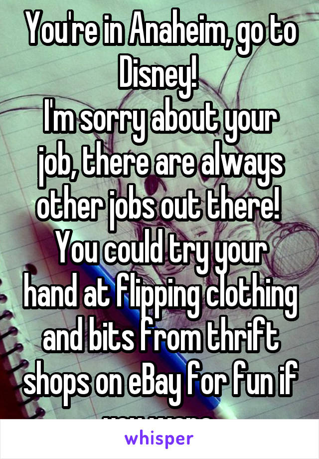 You're in Anaheim, go to Disney! 
I'm sorry about your job, there are always other jobs out there! 
You could try your hand at flipping clothing and bits from thrift shops on eBay for fun if you wana 