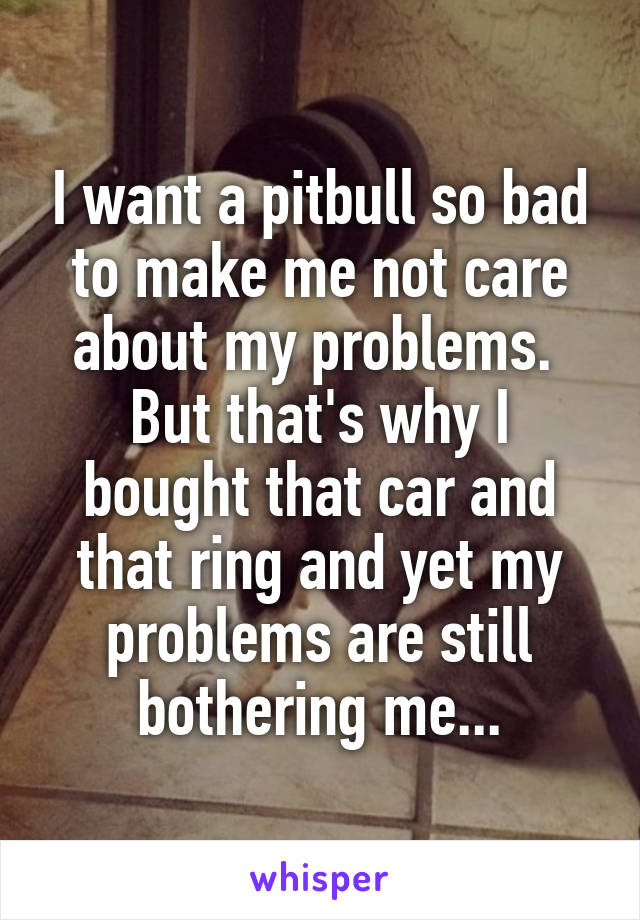 I want a pitbull so bad to make me not care about my problems.  But that's why I bought that car and that ring and yet my problems are still bothering me...