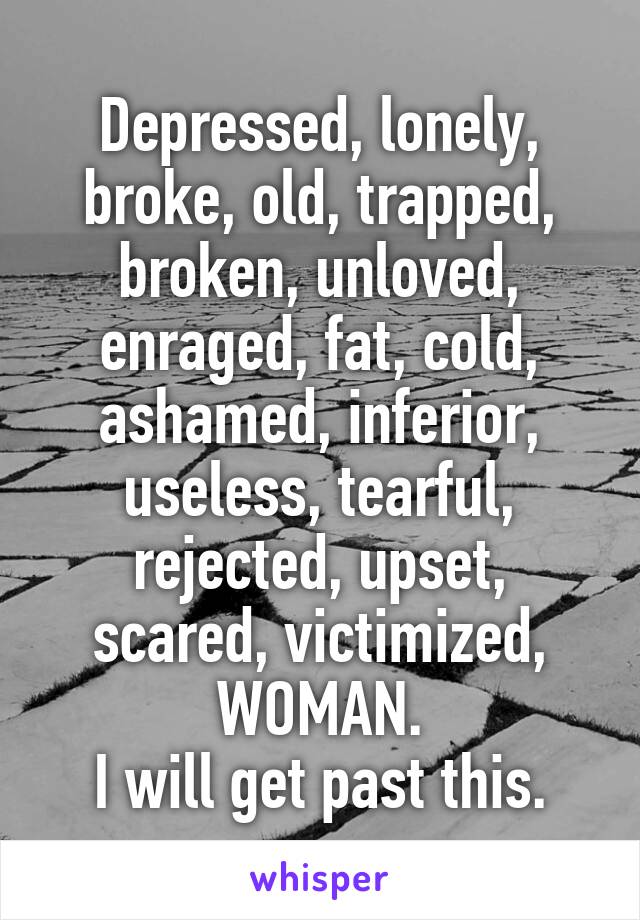 Depressed, lonely, broke, old, trapped, broken, unloved, enraged, fat, cold, ashamed, inferior, useless, tearful, rejected, upset, scared, victimized, WOMAN.
I will get past this.
