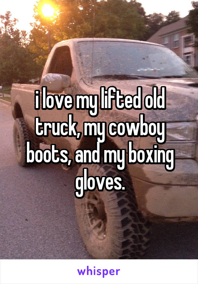 i love my lifted old truck, my cowboy boots, and my boxing gloves.