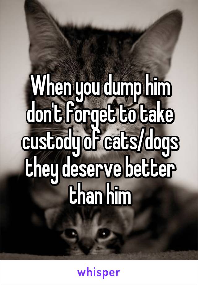 When you dump him don't forget to take custody of cats/dogs they deserve better than him