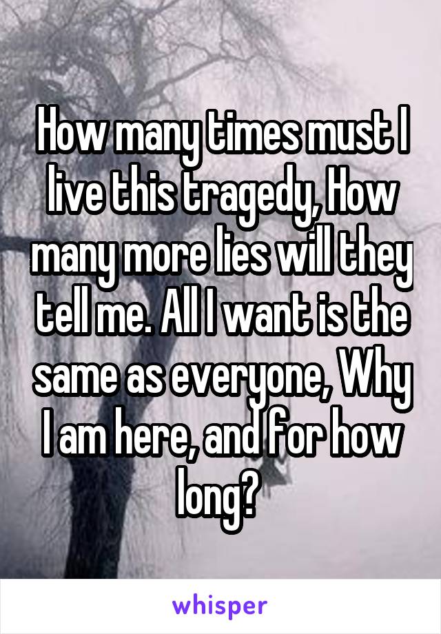 How many times must I live this tragedy, How many more lies will they tell me. All I want is the same as everyone, Why I am here, and for how long? 