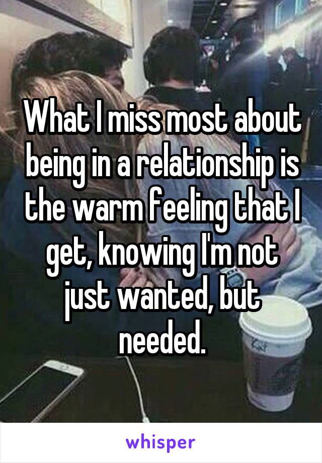 What I miss most about being in a relationship is the warm feeling that I get, knowing I'm not just wanted, but needed.
