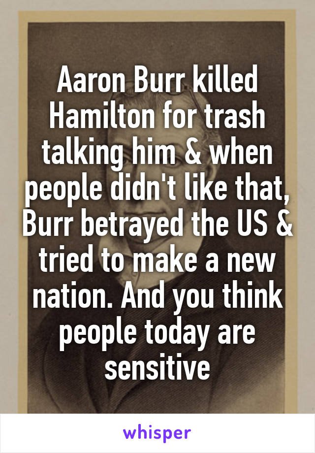 Aaron Burr killed Hamilton for trash talking him & when people didn't like that, Burr betrayed the US & tried to make a new nation. And you think people today are sensitive