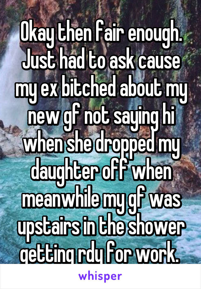 Okay then fair enough. Just had to ask cause my ex bitched about my new gf not saying hi when she dropped my daughter off when meanwhile my gf was upstairs in the shower getting rdy for work. 