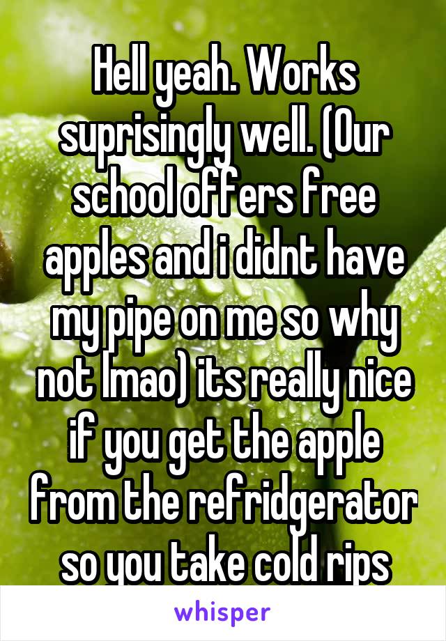 Hell yeah. Works suprisingly well. (Our school offers free apples and i didnt have my pipe on me so why not lmao) its really nice if you get the apple from the refridgerator so you take cold rips