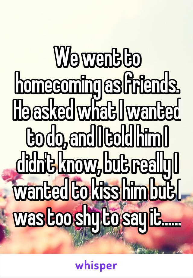 We went to homecoming as friends. He asked what I wanted to do, and I told him I didn't know, but really I wanted to kiss him but I was too shy to say it......
