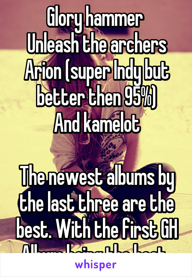 Glory hammer 
Unleash the archers
Arion (super Indy but better then 95%)
And kamelot

The newest albums by the last three are the best. With the first GH Album being the best. 