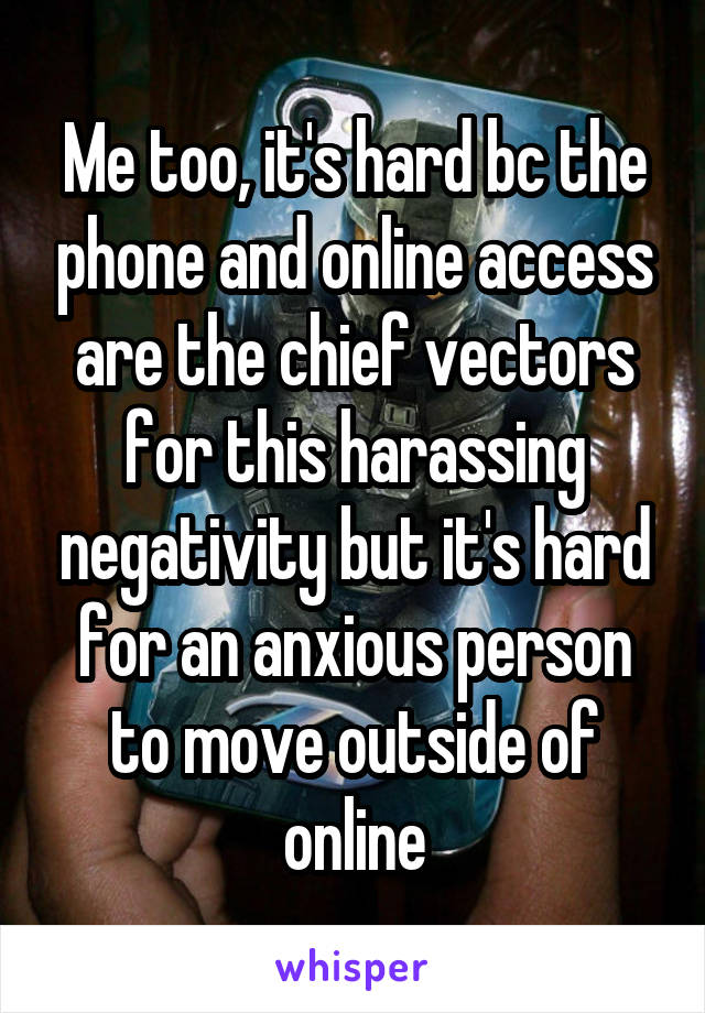 Me too, it's hard bc the phone and online access are the chief vectors for this harassing negativity but it's hard for an anxious person to move outside of online