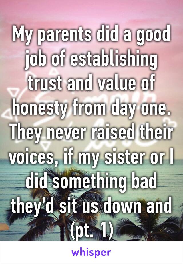 My parents did a good job of establishing trust and value of honesty from day one.
They never raised their voices, if my sister or I did something bad they’d sit us down and (pt. 1) 