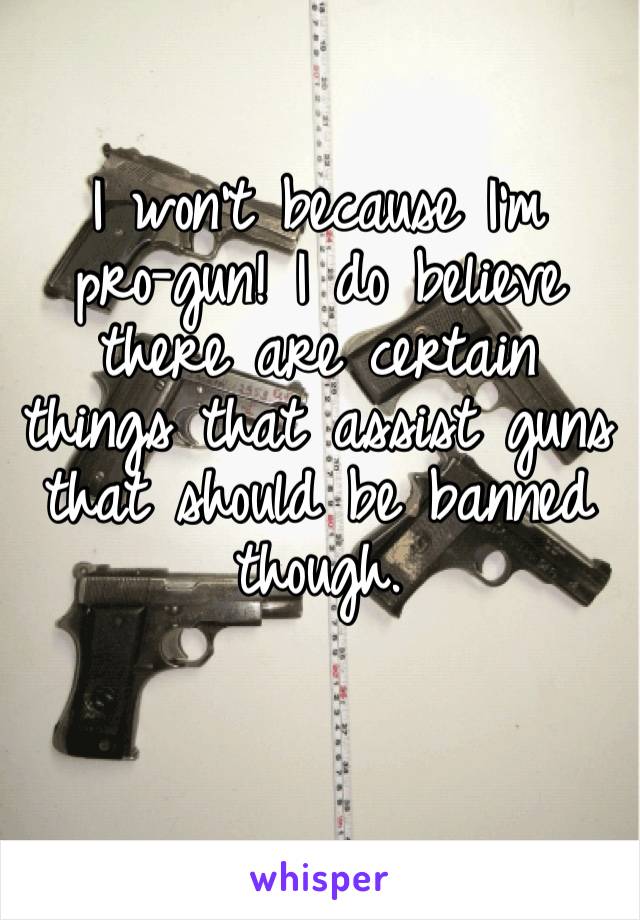 I won’t because I’m 
pro-gun! I do believe there are certain things that assist guns that should be banned though.