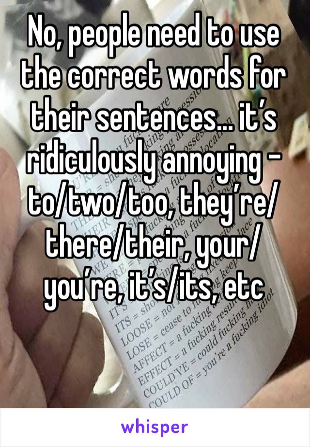 No, people need to use the correct words for their sentences... it’s ridiculously annoying - to/two/too, they’re/there/their, your/you’re, it’s/its, etc 
