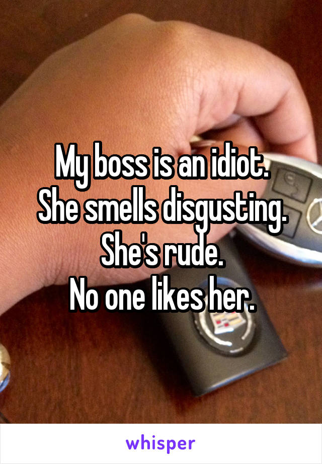 My boss is an idiot.
She smells disgusting.
She's rude.
No one likes her.