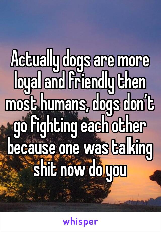 Actually dogs are more loyal and friendly then most humans, dogs don’t go fighting each other because one was talking shit now do you 