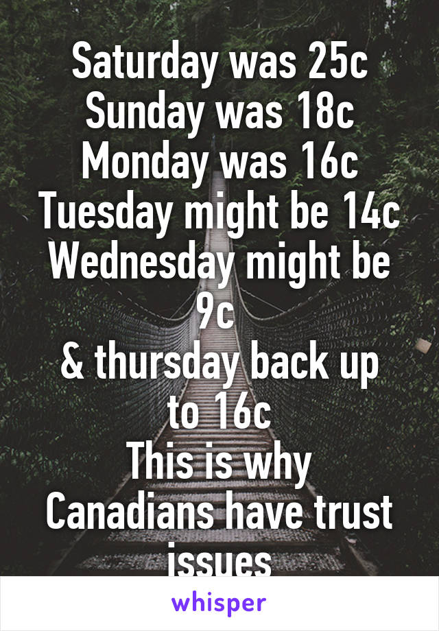 Saturday was 25c
Sunday was 18c
Monday was 16c
Tuesday might be 14c
Wednesday might be 9c 
& thursday back up to 16c
This is why Canadians have trust issues