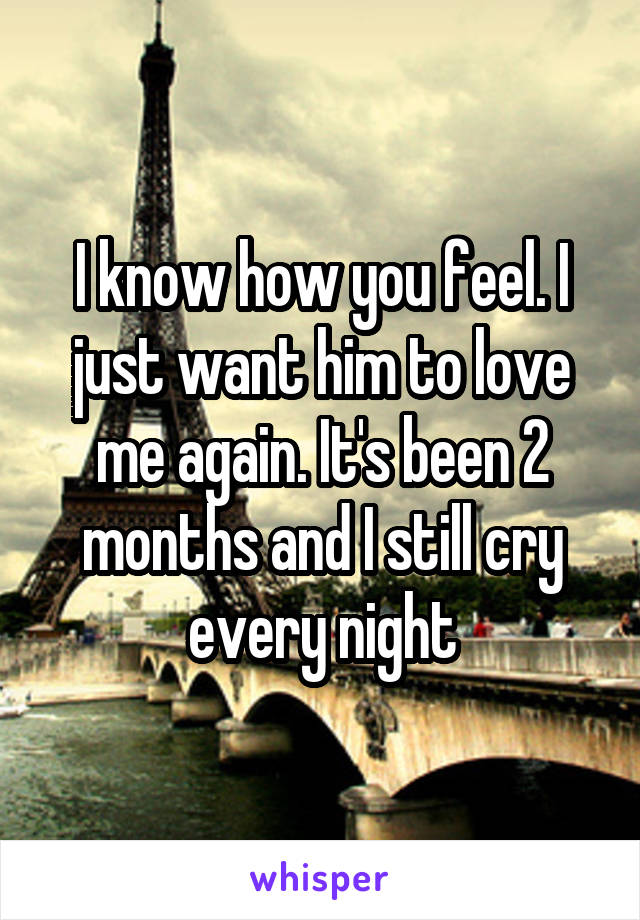 I know how you feel. I just want him to love me again. It's been 2 months and I still cry every night